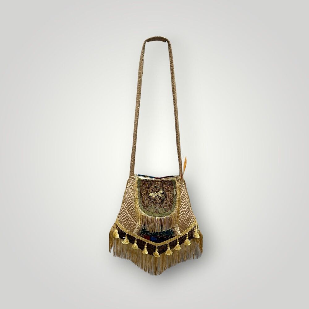 Champagne &  Multi Eclectic Handmade Boho Fringed Crossbody Bag - Picture 2 of 8